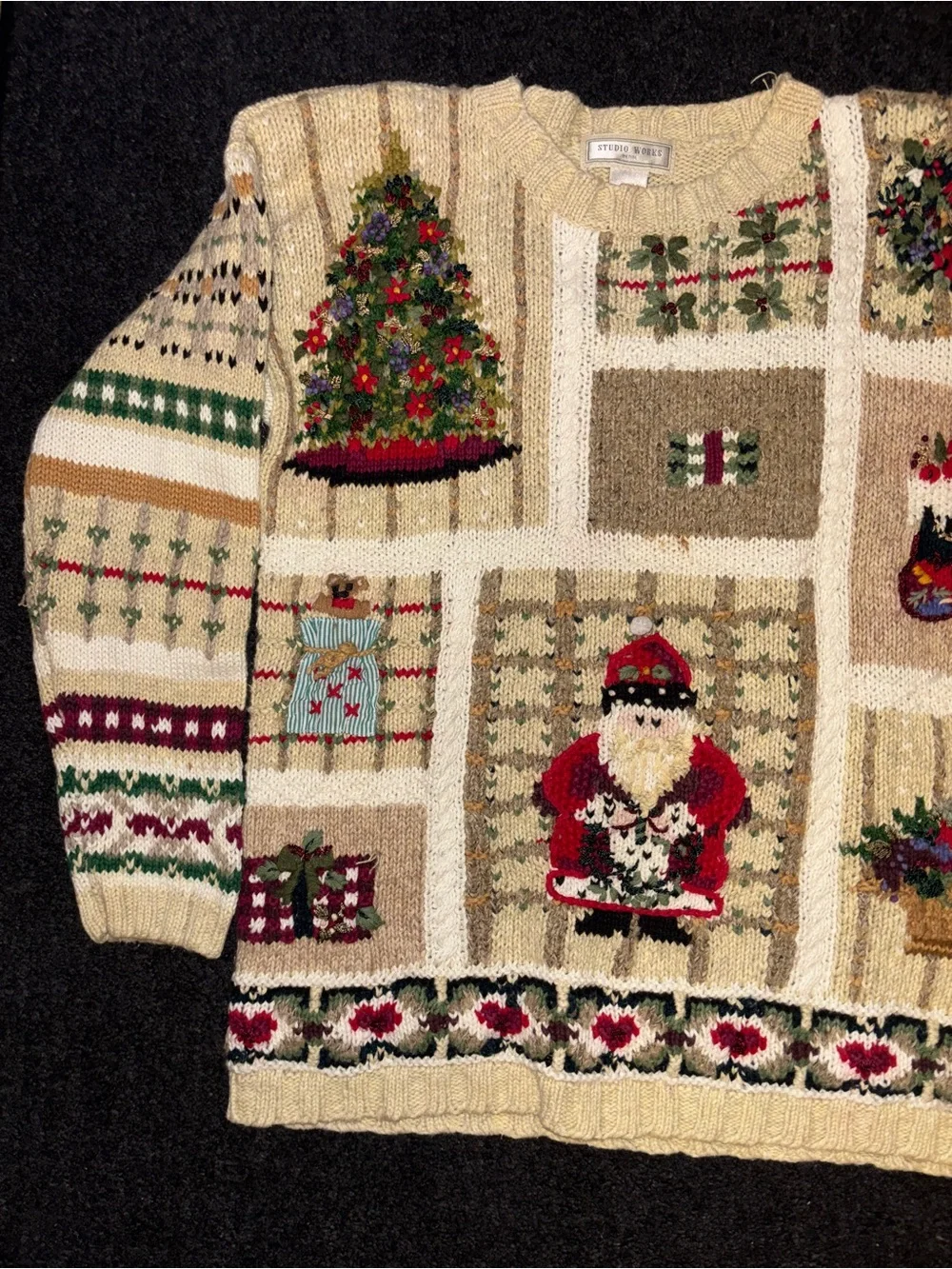 Vintage 90s Y2K Studio Works Ugly Christmas Sweater Petite Medium Patchwork